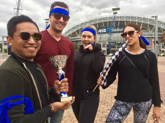 Sydney olympic park Amazing Race winners out the front of ACCOR stadium and Novotel Hotel and Pullman Hotel Sydney Olympic Park Fun activities for over 20 years