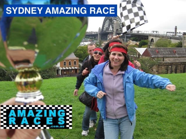 Sydney Amazing Races Staff Experiences Team on Observatory Hill The Rocks Overlooking the Sydney Harbour Bridge background being excited on their next challenge activity